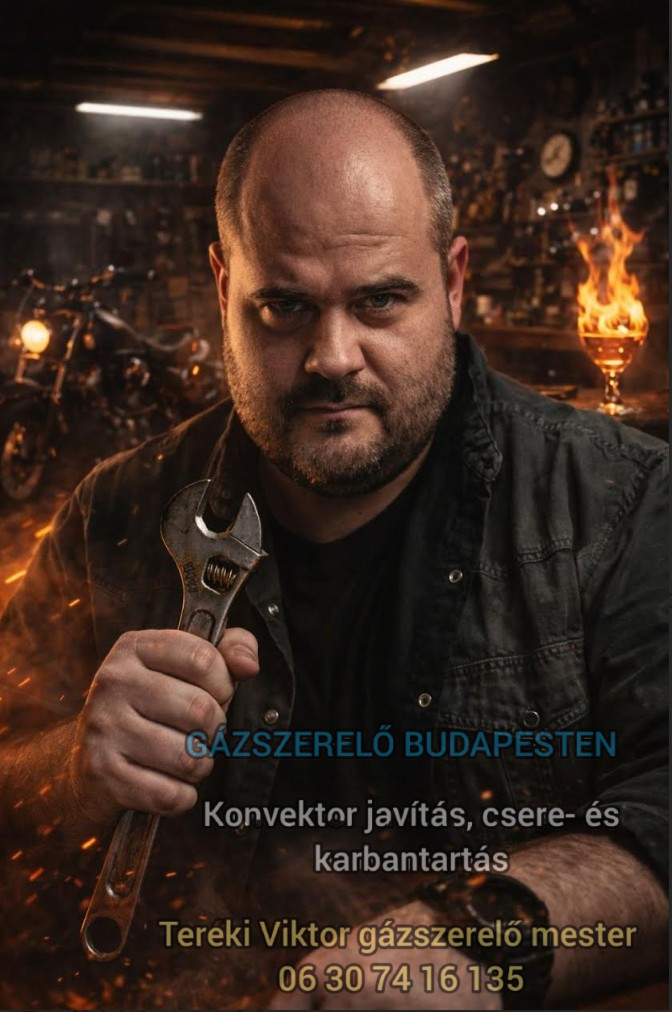 Gázkészülék szerelő villáskulccsal a kezében, gázkészülék javítása közben egy műhelyben